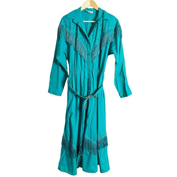 Vintage Dresses & Skirts - Vintage Teal Blue Western Boho Fringed Studded Long Sleeve Maxi Shirt Dress M